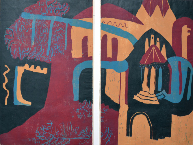 1985 Diptych with red Tree 80,2x111cm.